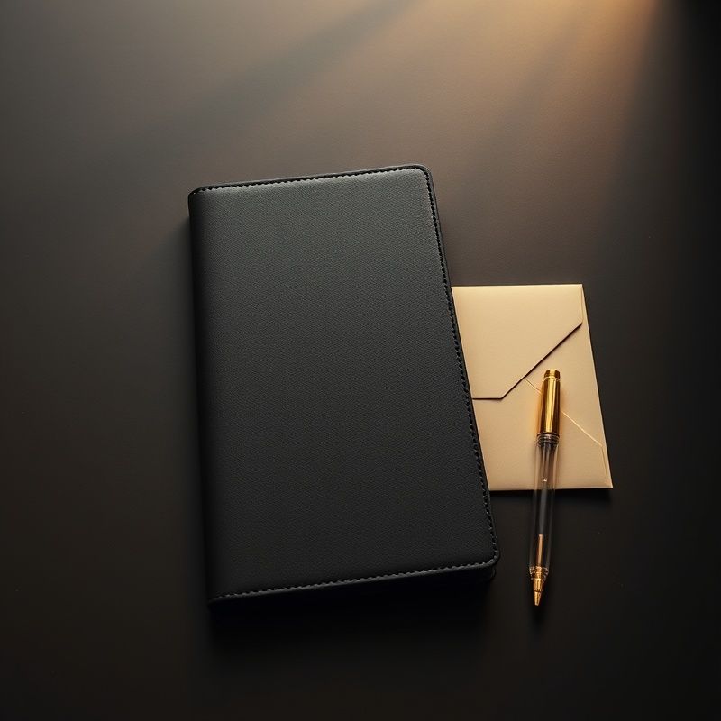 Compoziție minimalistă cu un carnet de piele și un stilou auriu